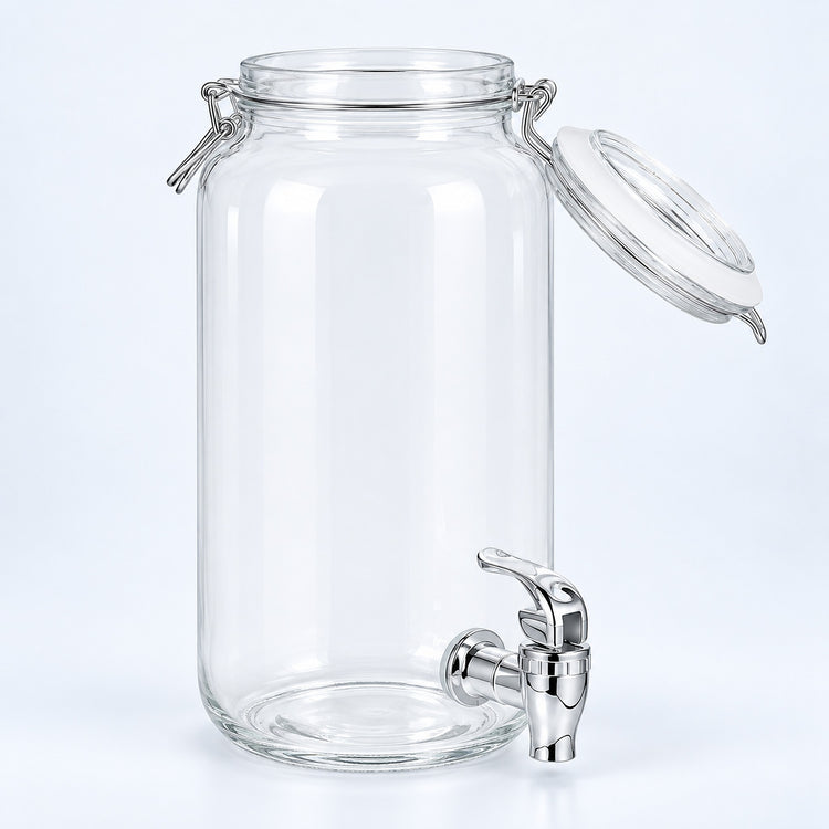 Clear glass canister with an open clamp lid and a silver metal spout, photographed on a clean white background.