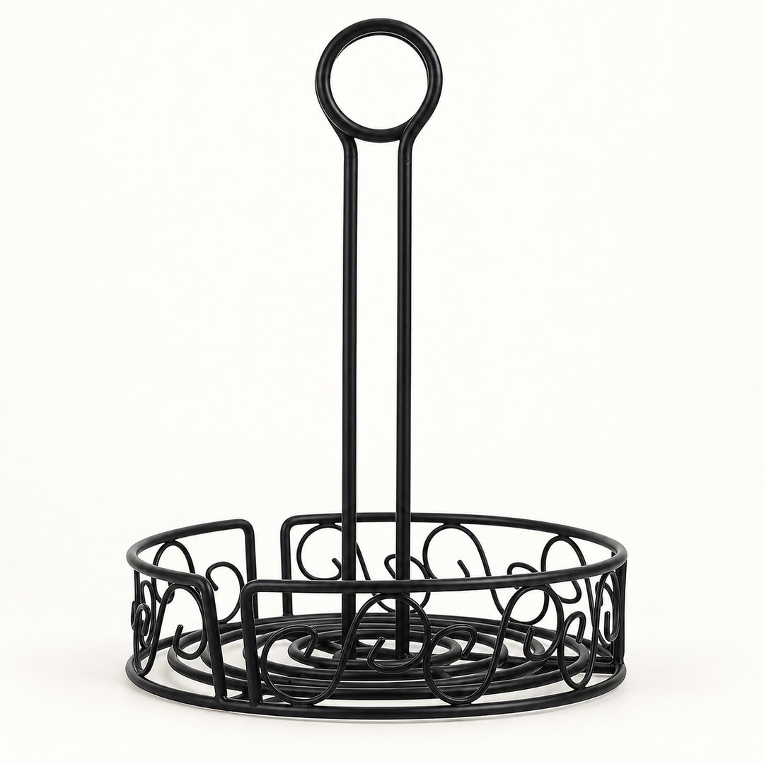 Black metal wire bread rack with a tall handle and circular base, shown on a plain white background.