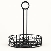 Black metal wire bread rack with a tall handle and circular base, shown on a plain white background.