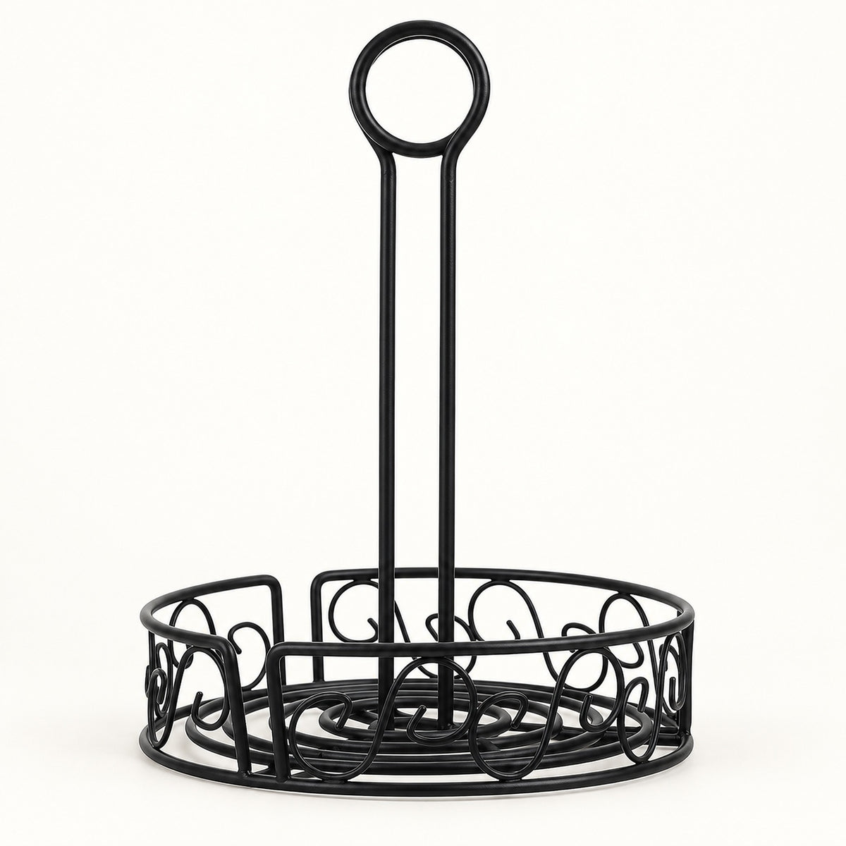 Black metal wire bread rack with a tall handle and circular base, shown on a plain white background.