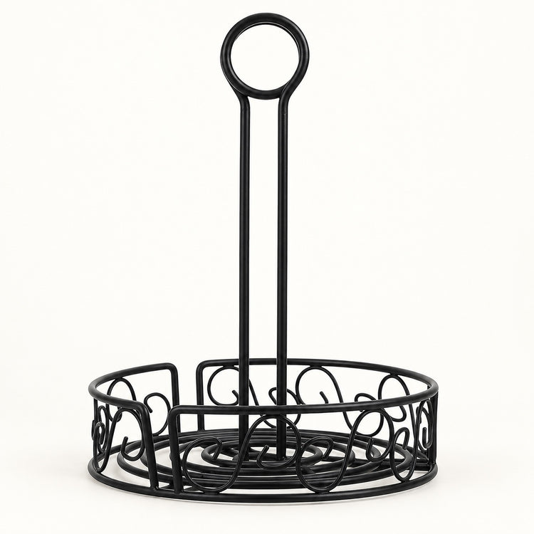 Black metal wire bread rack with a tall handle and circular base, shown on a plain white background.