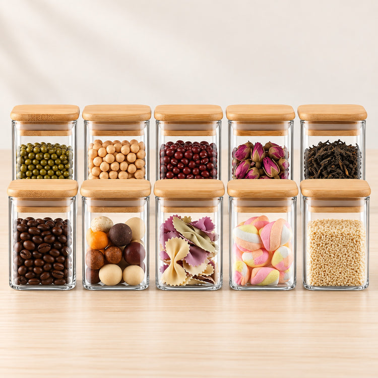 Eight clear glass spice jars with light bamboo lids, arranged in two rows on a light wood surface against a soft beige background. The jars are filled with various dried and whole spices, herbs, and sweets.