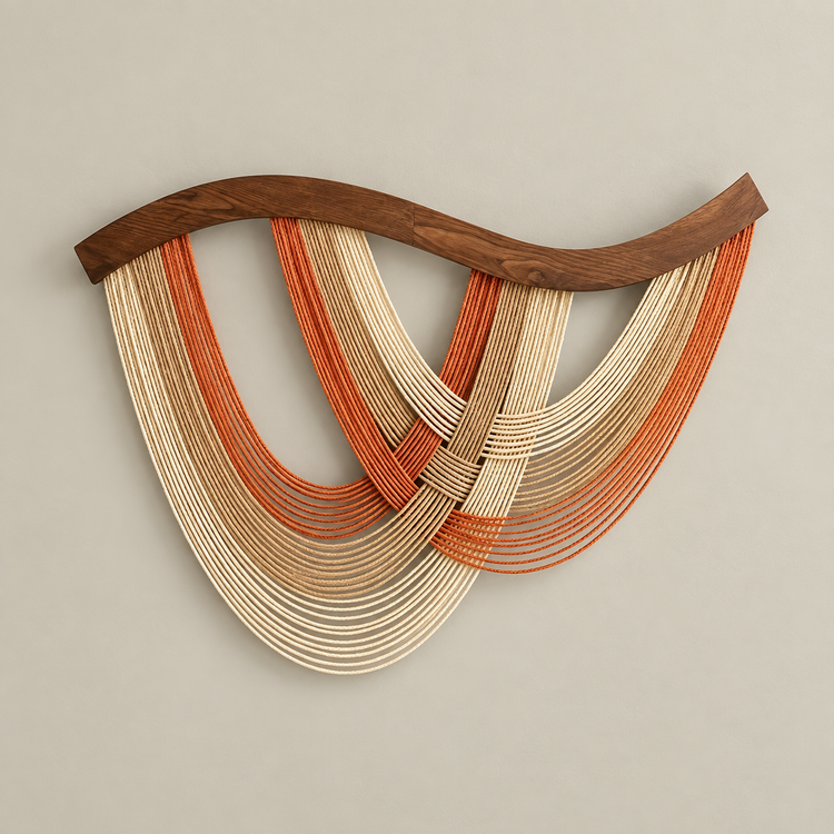 A modern wall art sculpture featuring layered, curved strands of light wood and orange cord, suspended from a wavy dark wood top bar, set against a solid warm gray background.