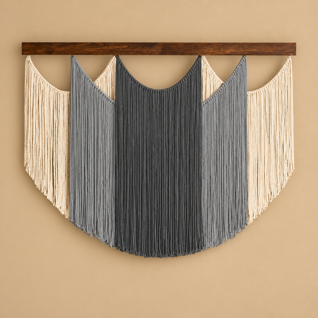 Gray studio on ochre, shield panel, 4 colors, twisted cord, dark stained wood batten