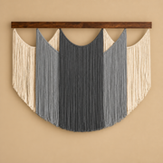 Gray studio on ochre, shield panel, 4 colors, twisted cord, dark stained wood batten