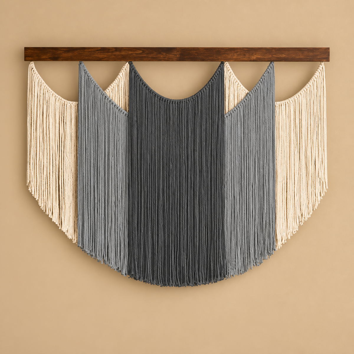 Gray studio on ochre, shield panel, 4 colors, twisted cord, dark stained wood batten