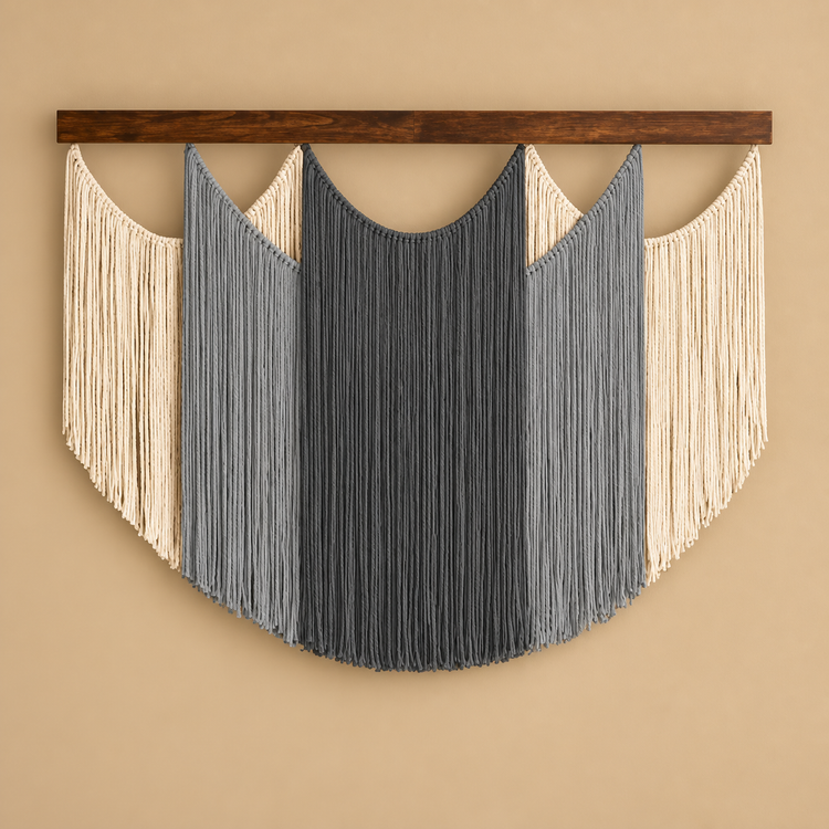 Gray studio on ochre, shield panel, 4 colors, twisted cord, dark stained wood batten