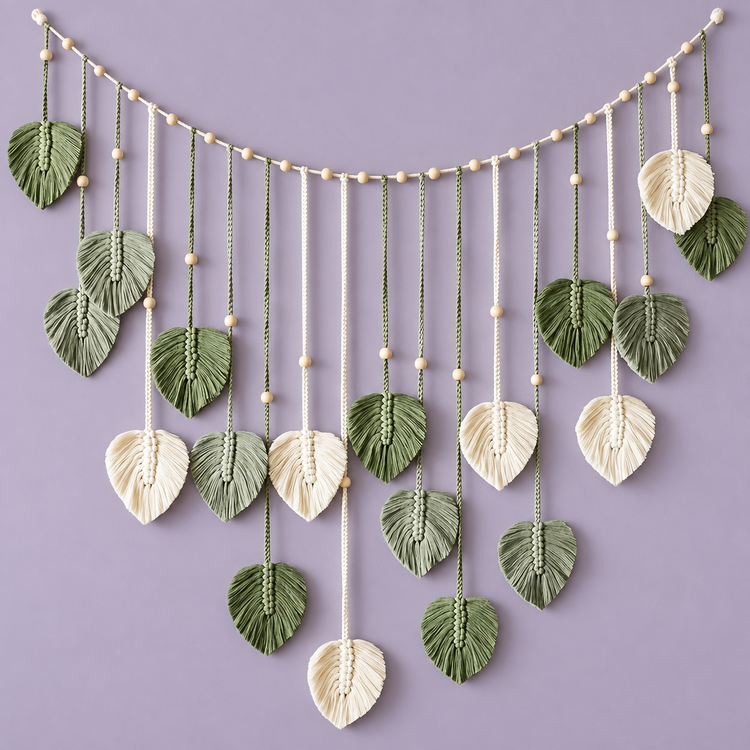 Sage and cream macrame leaves hanging from a beaded swag cord on a lilac wall