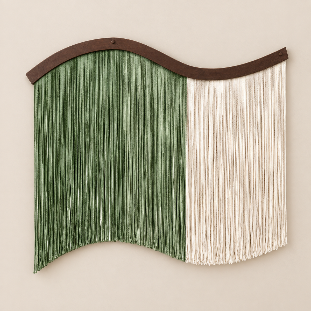 Green studio on cream, color block fringe curtain, twisted cord, dark stained wave-cut board