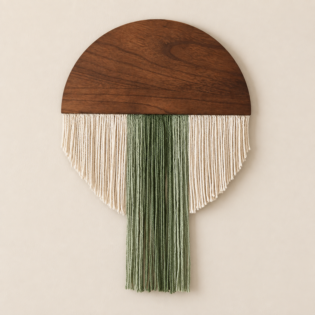 Green hanging tassel studio on cream, wood half disc in four fringe silhouettes