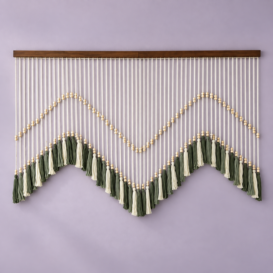 M-shaped green studio on lilac, zigzag bead and tassel curtain