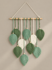 Supplier photograph, green and brown versions side by side, macrame leaf dowel in two designs, 75 to 96 cm