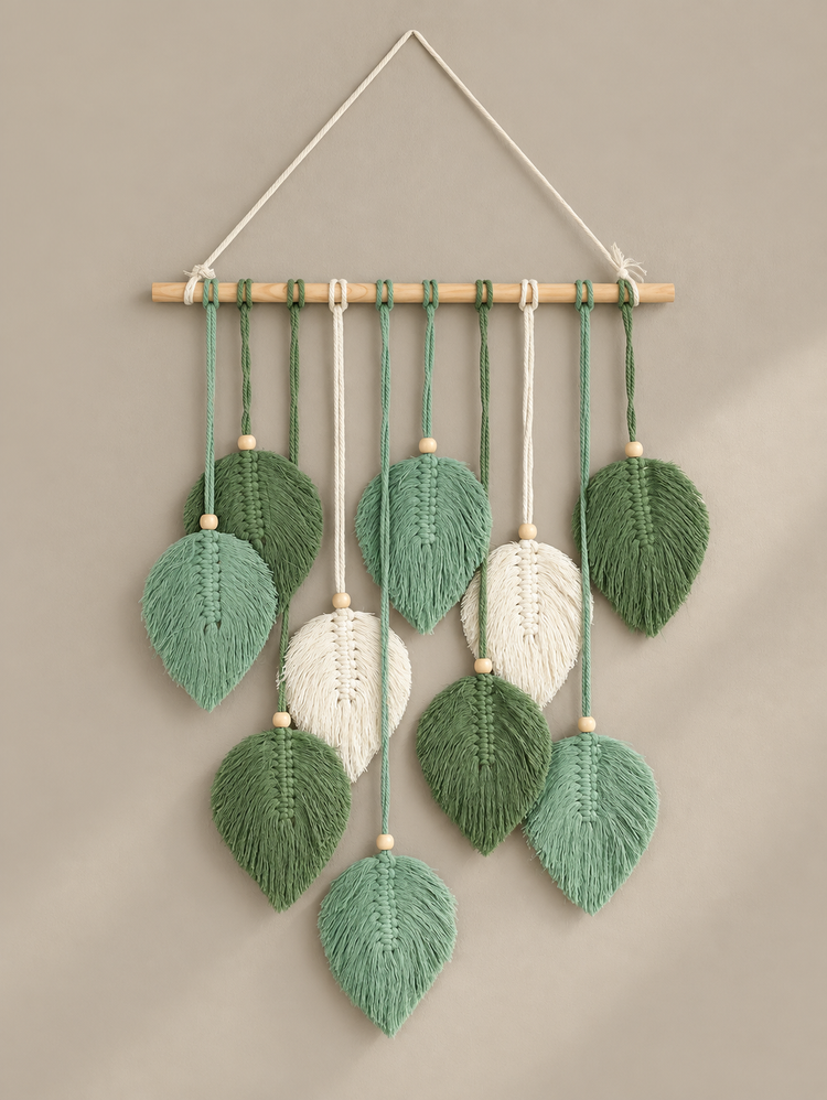 Supplier photograph, green and brown versions side by side, macrame leaf dowel in two designs, 75 to 96 cm