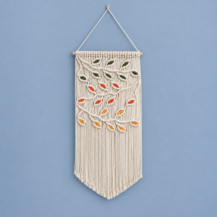 Cream macrame pennant with green, orange, red and mustard knotted leaves