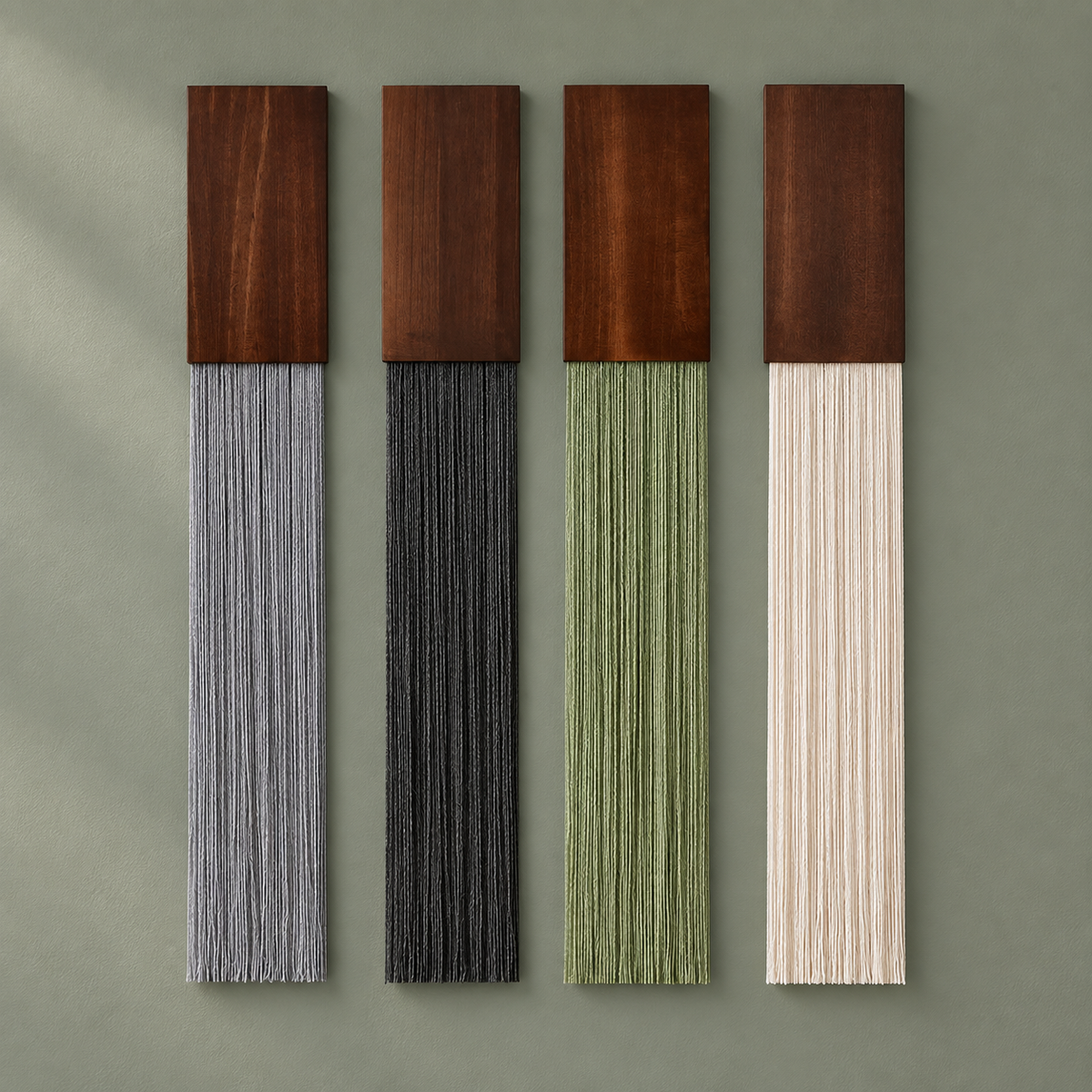 Set of four, studio on sage, strips, set of four, stained hardwood block, fine twisted cord