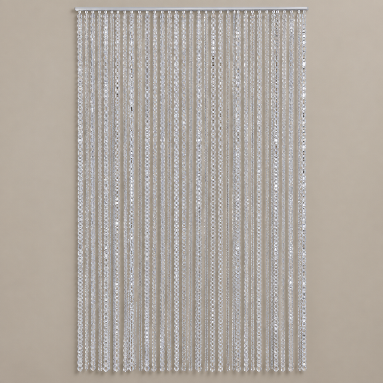 A silver beaded curtain or burlap door hanging from a metal rod against a plain beige wall.