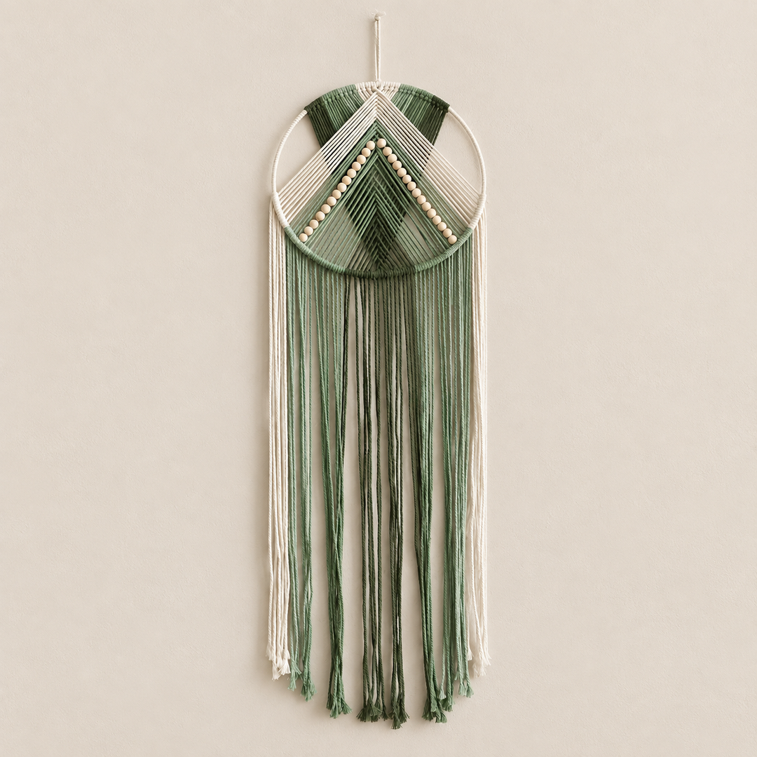 Green option studio on cream, beaded hoop with chevron and fringe