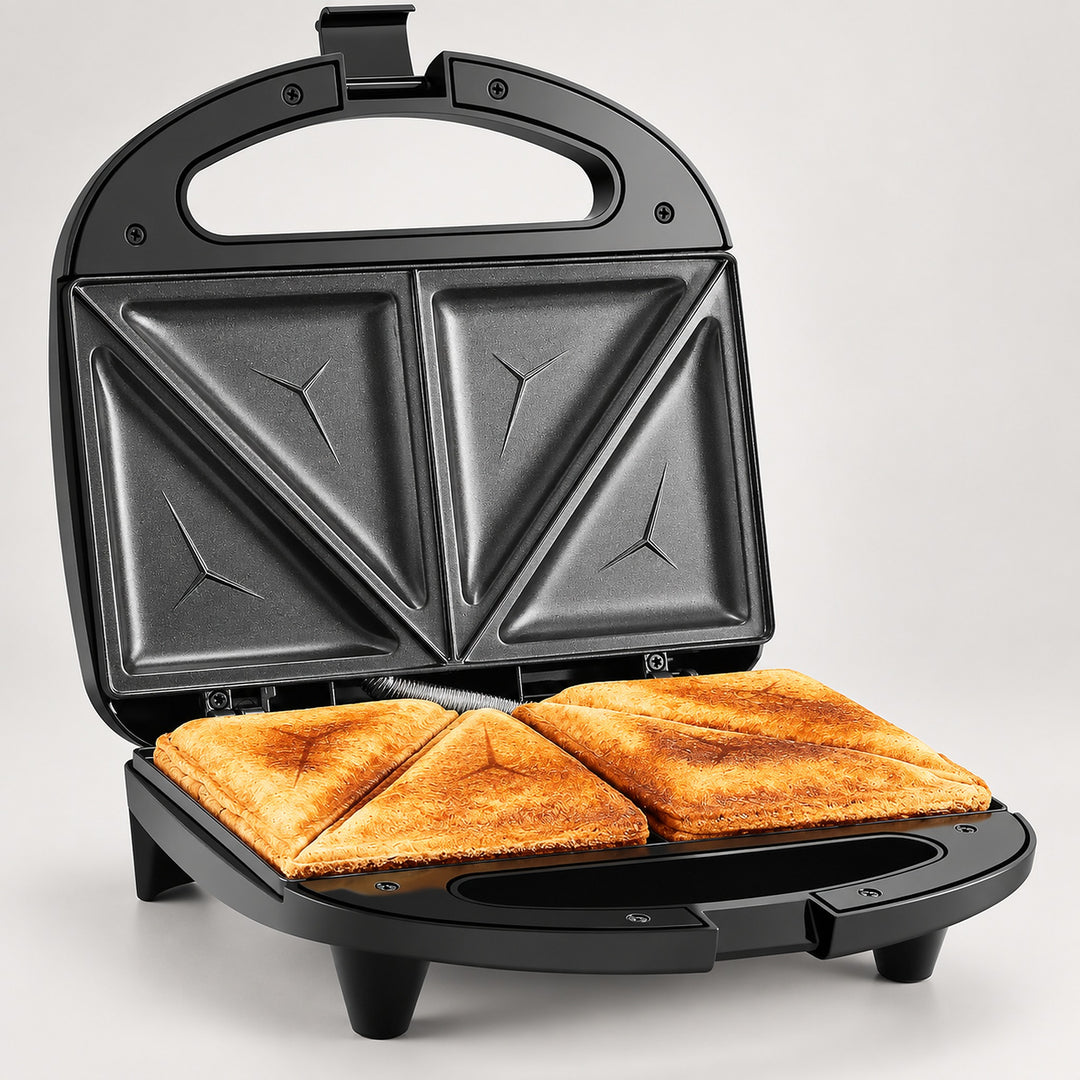 A black electric triangular sandwich toaster shown open with two golden-brown toasted triangles of bread inside, photographed on a light gray studio background.