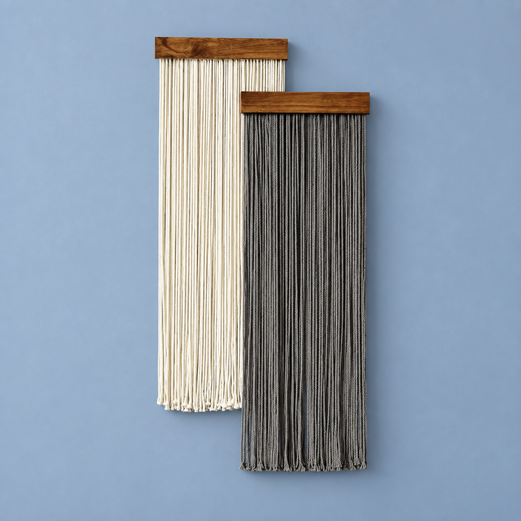 Cream and charcoal fringe panel pair on dark wood battens against a blue wall