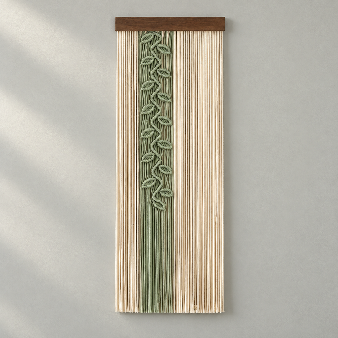Studio on pale gray, sage leaf vine panel, twisted cord, dark stained wood batten