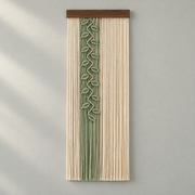 Studio on pale gray, sage leaf vine panel, twisted cord, dark stained wood batten