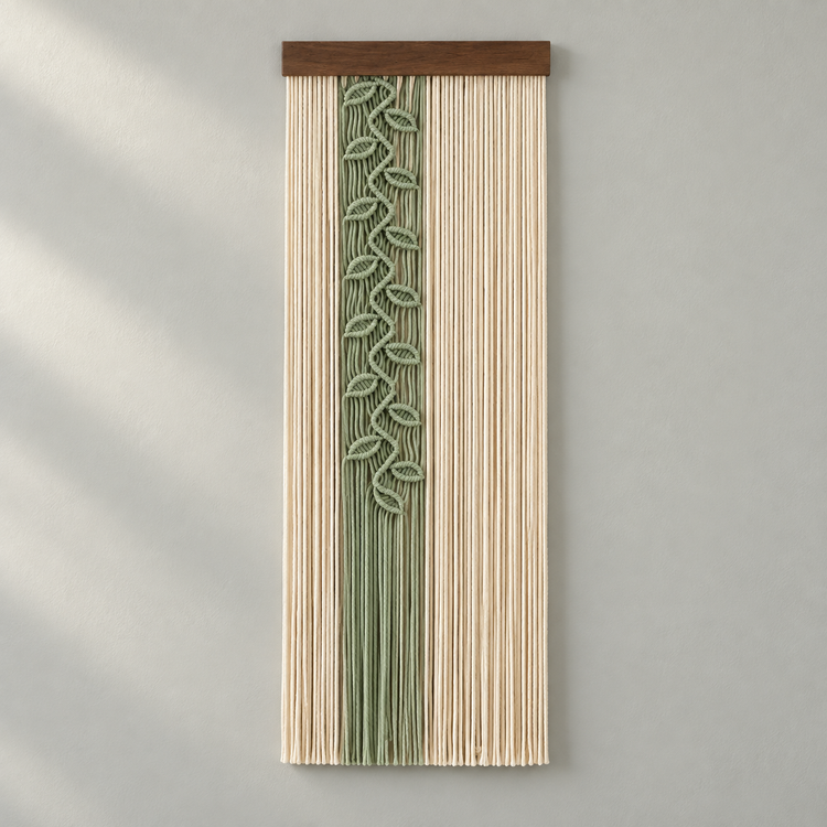 Studio on pale gray, sage leaf vine panel, twisted cord, dark stained wood batten