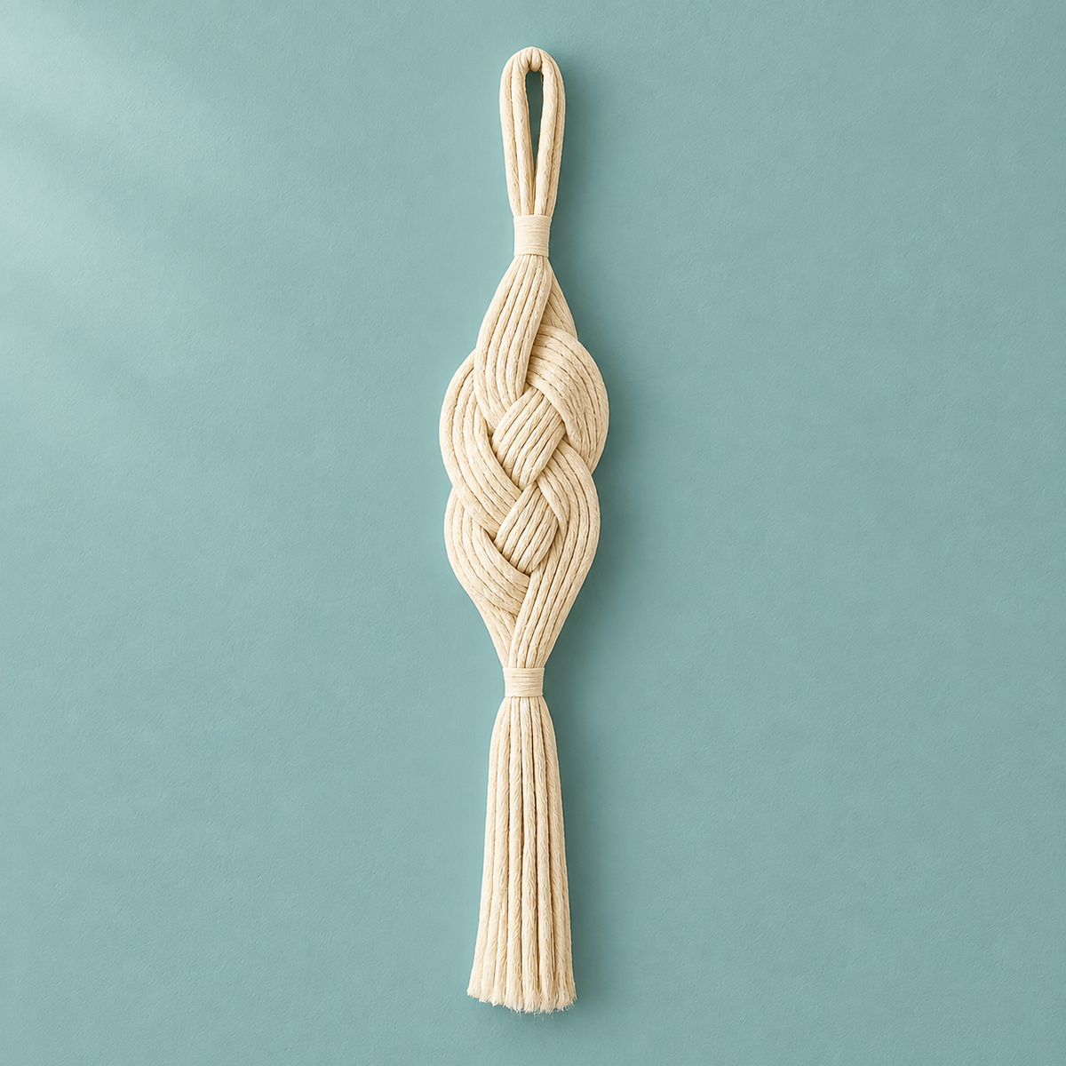 Studio on teal, full piece, plaited rope column in cream, heavy three-strand twisted rope