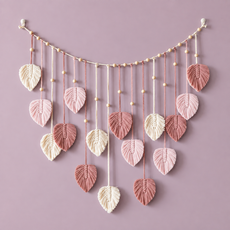 A decorative hanging garland made of multiple textured fabric leaves in dusty pink and cream, suspended from a curved string with small wooden beads, against a solid mauve background.