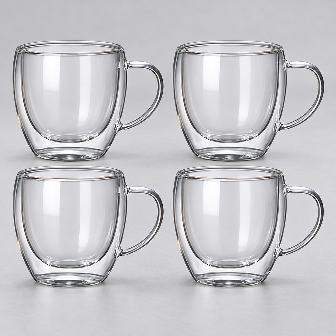Four empty rounded 250 ml clear double-wall glass mugs with handles.