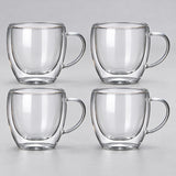 Four empty rounded 250 ml clear double-wall glass mugs with handles.