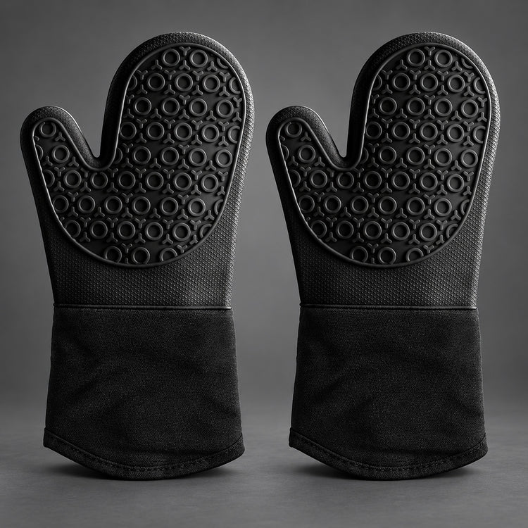A pair of black silicone oven mitts with textured non-slip grips and a fabric cuff, displayed side-by-side on a dark gray background.