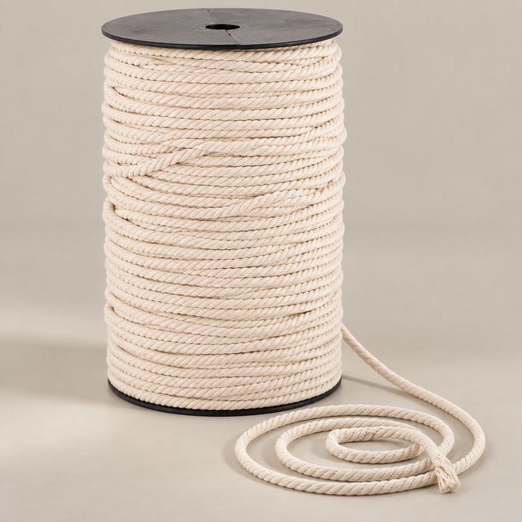 5mm 90M spool on cream, 2 to 10 mm twisted cord on a spool, three-strand twisted cotton cord