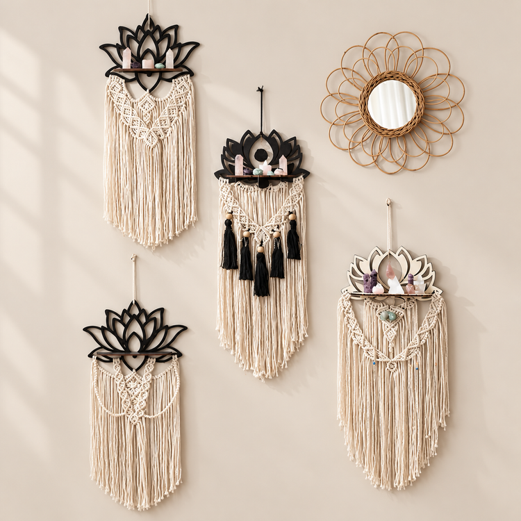 Five piece wall set with two lotus hangings, a crystal shelf and a rattan mirror
