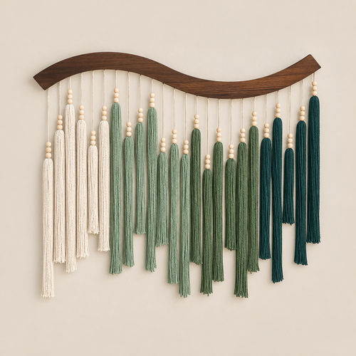 A1 green studio on cream, beaded tassel wave pole, dark stained wave-cut wood pole, twisted cord tassels