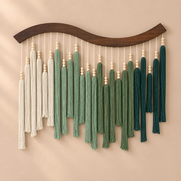 Cream, sage and teal green beaded tassels under an S curved dark batten