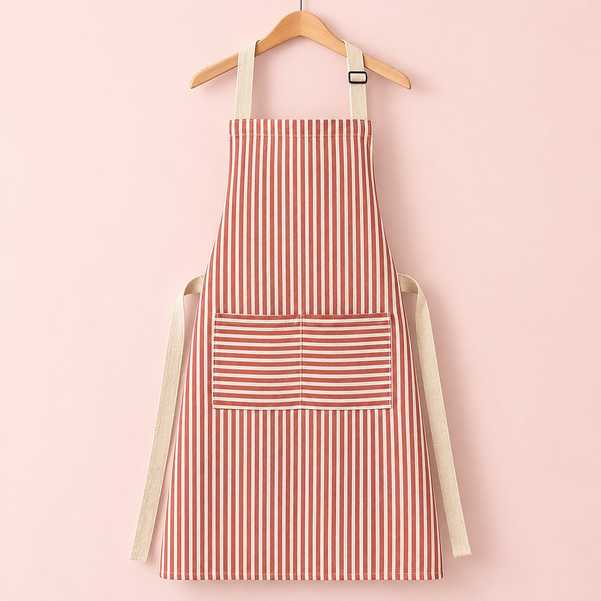 One red striped bib apron with beige straps and divided front pocket.