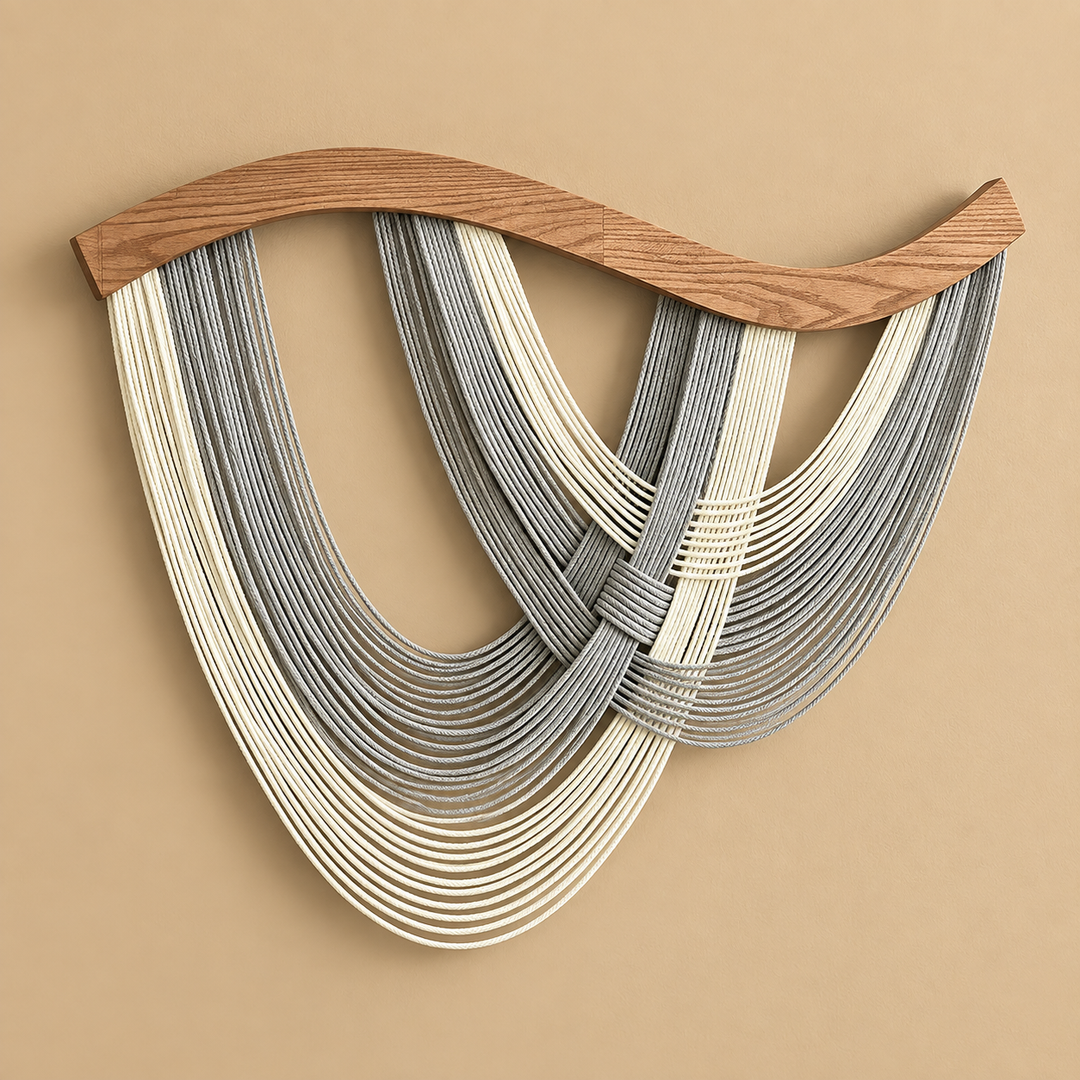 A modern wall art sculpture featuring layered, curved strands in cream and gray, suspended from a wavy wooden top, set against a solid beige background.