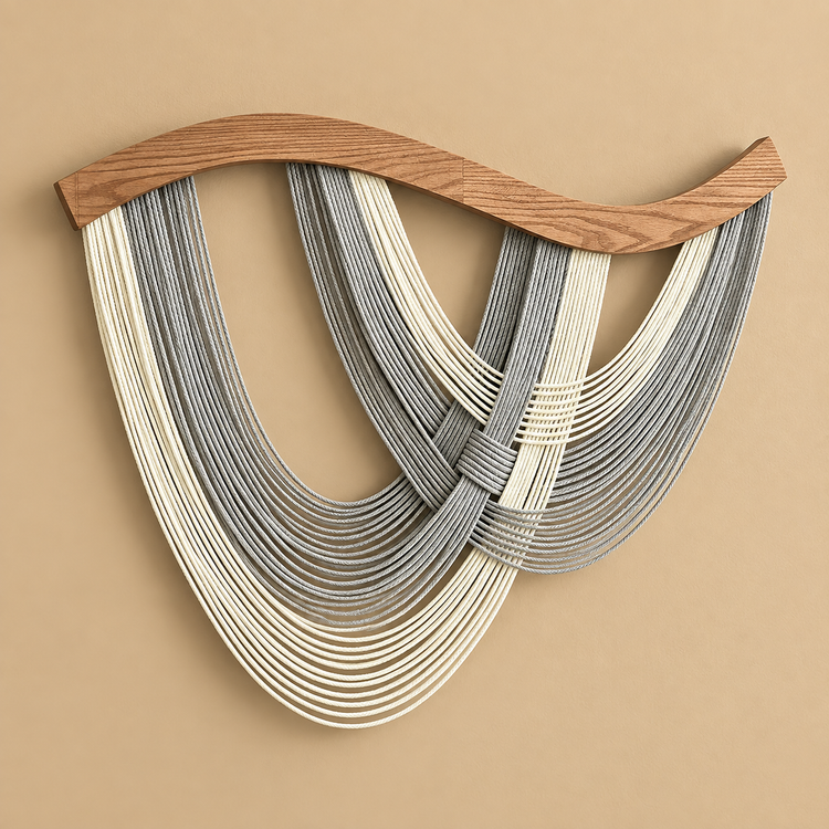 Gray studio on ochre, crossed swags in four colors, twisted cord, dark stained wave-cut wood rod