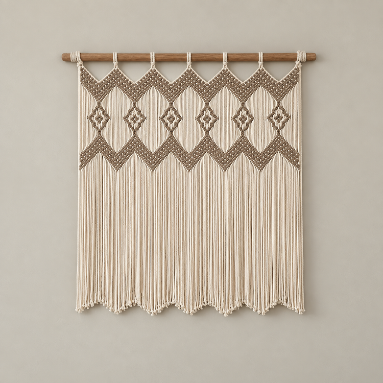 85 x 90 studio on cream, macrame window panel in 2 sizes, twisted cord, knotted loop heading