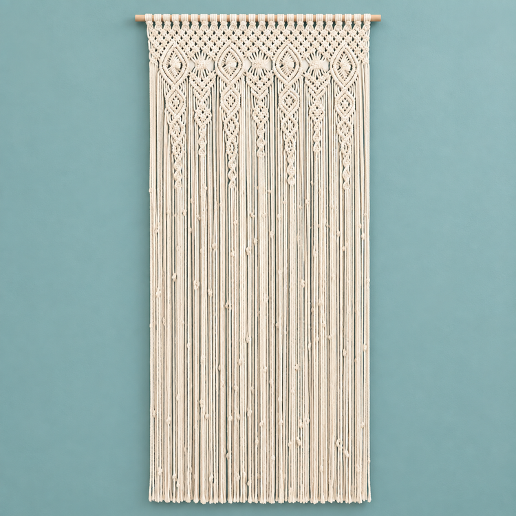 A 100x200 studio on teal, macrame door panel in 6 sizes, twisted cord, wooden hanging rod