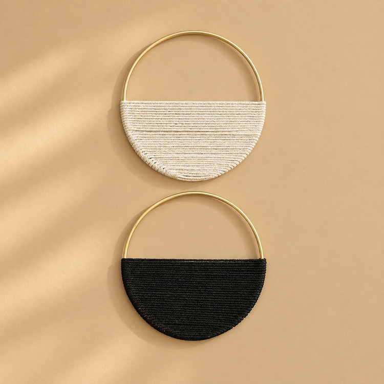A set, cream and black hoops, studio on ochre, set of 2 woven half moon hoops, 19 cm
