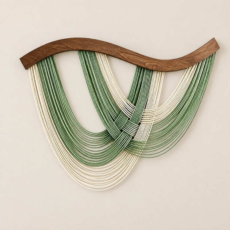A3 green studio on cream, crossed swags on wood, twisted cord, dark stained wave-cut wood rod