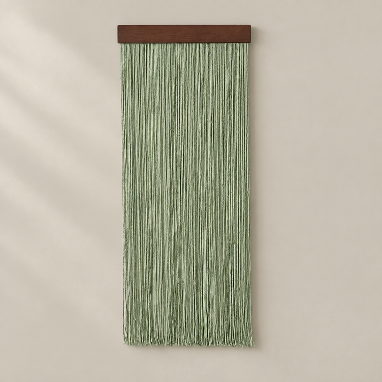 Single sage fringe panel on a dark stained batten against a pale wall