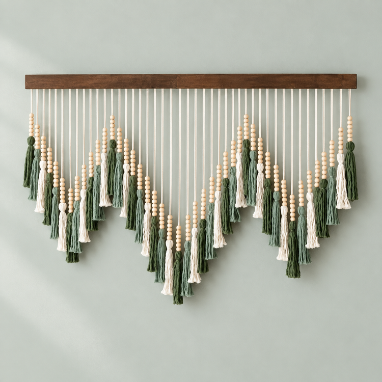Sage and cream beaded tassels cut into three sharp peaks on a sage wall