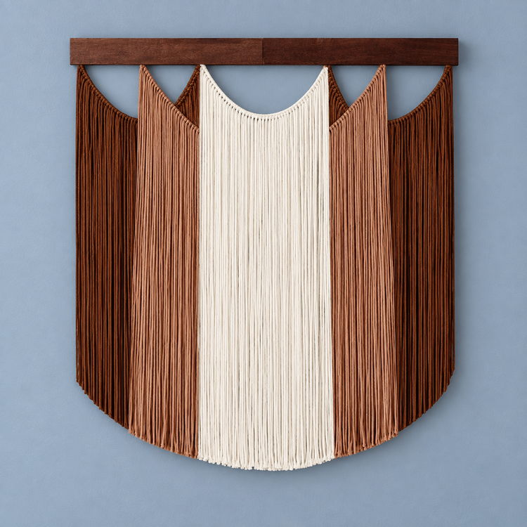 A, terracotta and cream, studio on blue, scalloped bands on dark wood