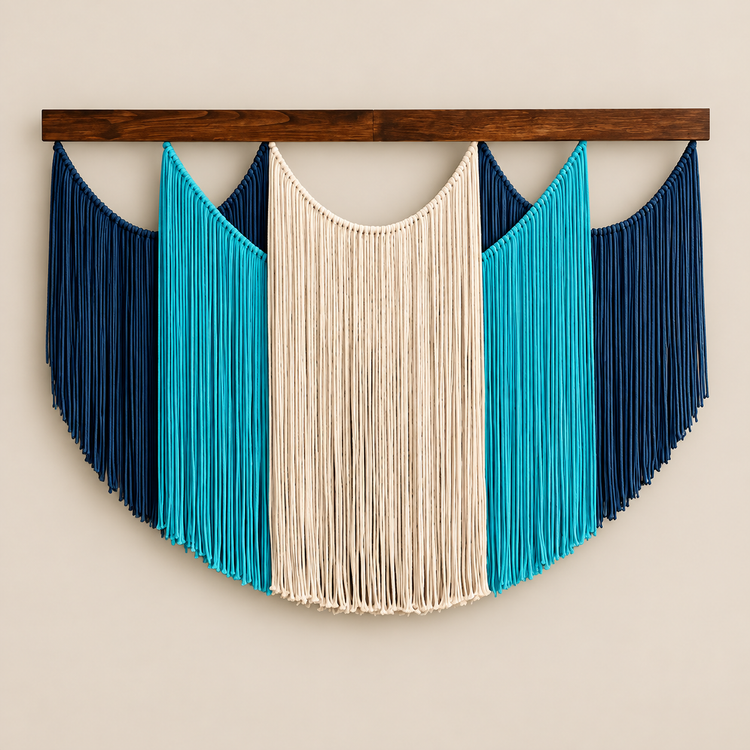 Blue studio on cream, shield panel, 4 colors, twisted cord, dark stained wood batten