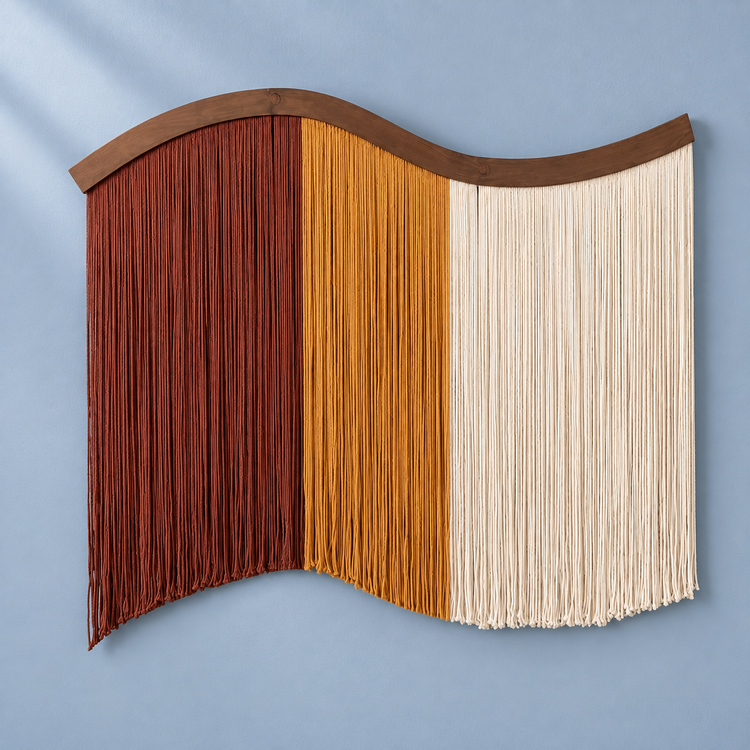 Brown studio on blue, color block fringe curtain, twisted cord, dark stained wave-cut board