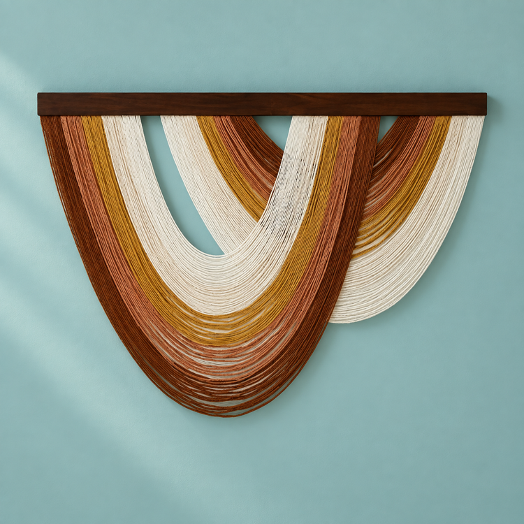 Chestnut, mustard and rust open fan wall hanging on a teal background