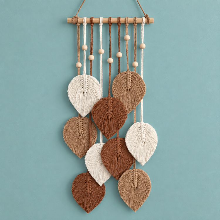 Coffee studio on teal, combed macrame leaves and wood beads, twisted cord, combed flat at the leaves, pale wooden dowel