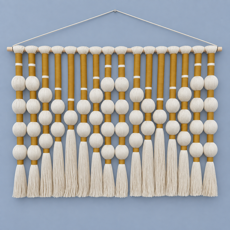 Gold studio on blue, bead grid and tassels, yarn-wrapped spheres, wrapped cord
